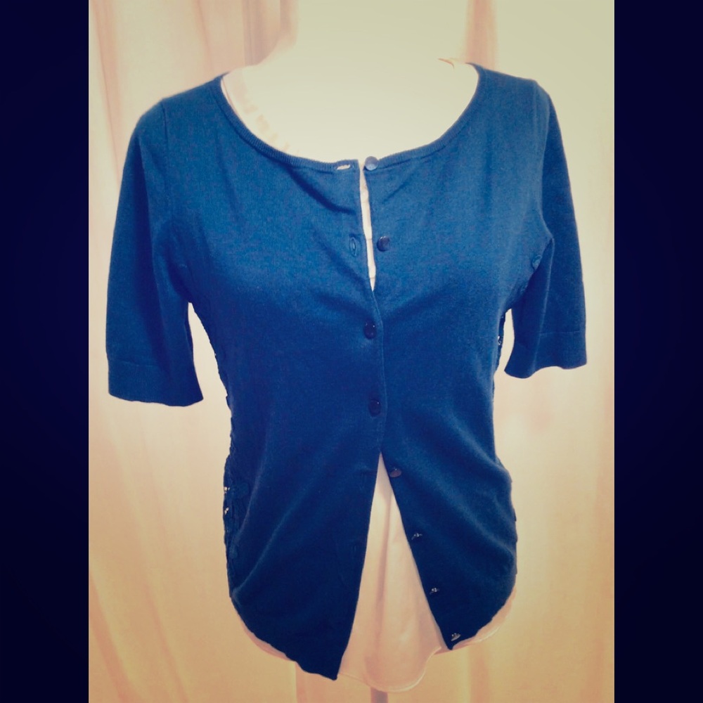 TALBOTS Cotton Cardi w/ Lacey Appliqué Trim